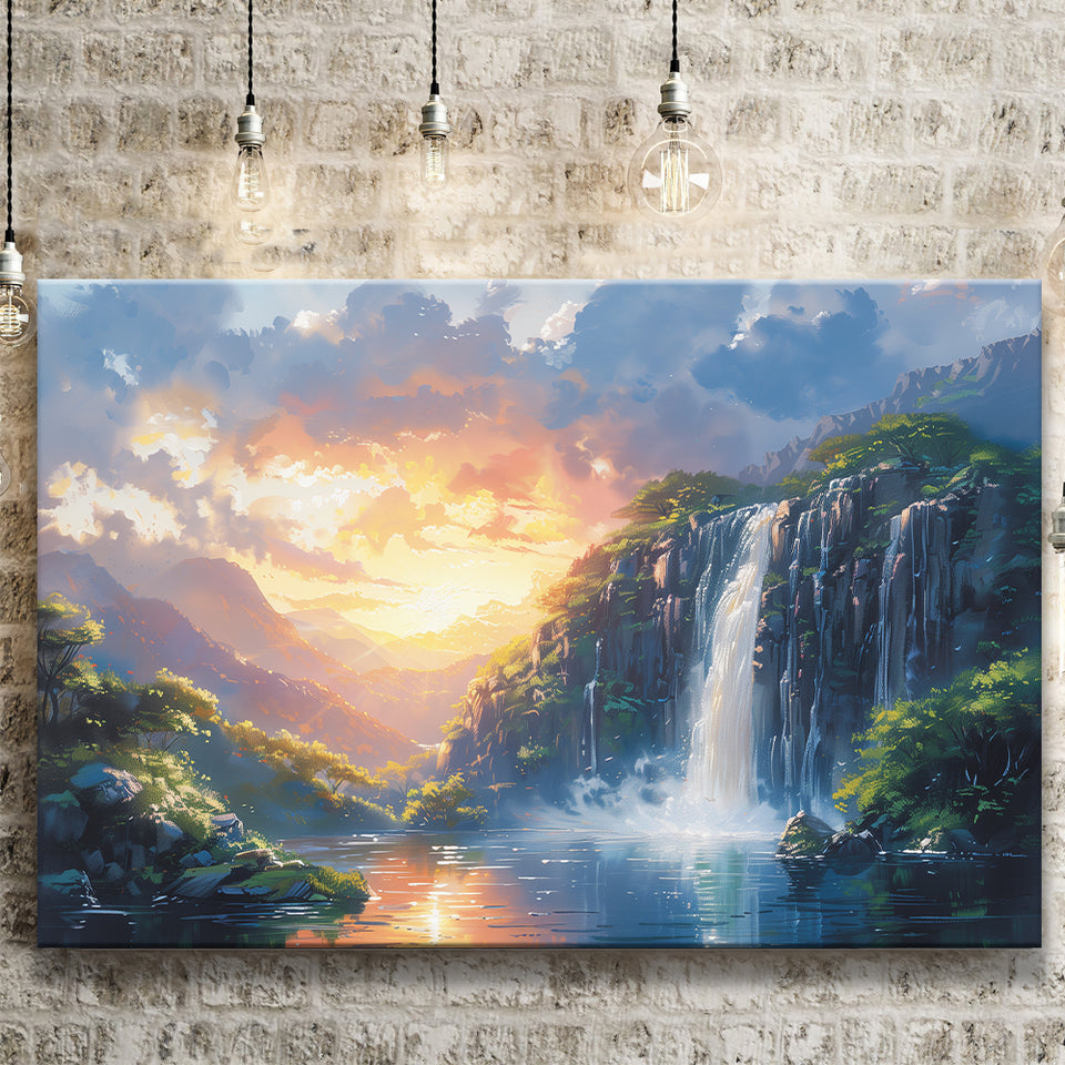 Painting Sunrise Waterfall In The Forest, Art Print, Canvas Print Wall Art Home Decor