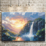 Painting Sunrise Waterfall In The Forest, Art Print, Canvas Print Wall Art Home Decor