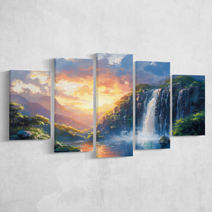 Painting Sunrise Waterfall In The Forest, Multi Panel,Mixed Canvas Print Wall Art Decor