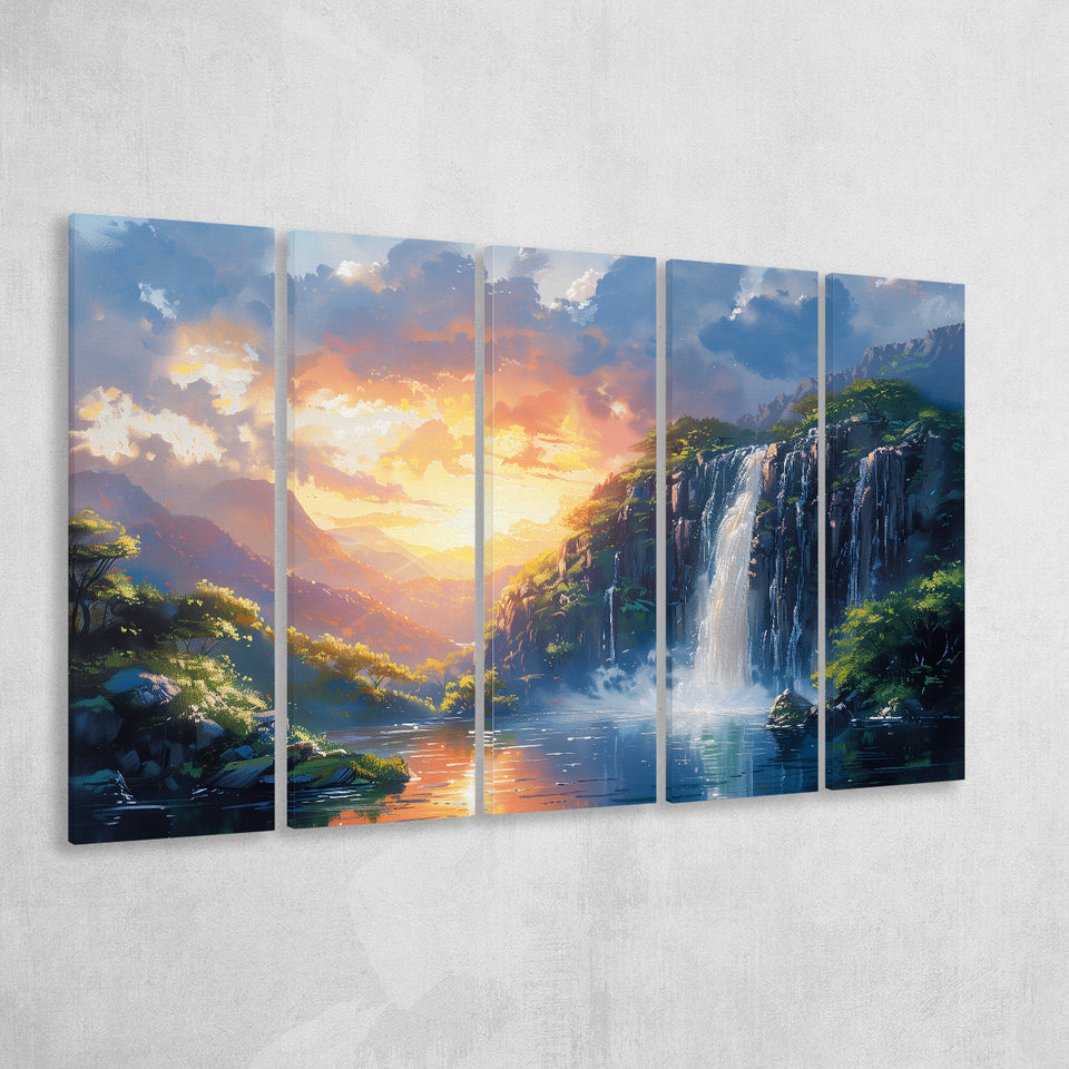 Painting Sunrise Waterfall In The Forest, Extra Large Canvas, Canvas Print Wall Art Decor