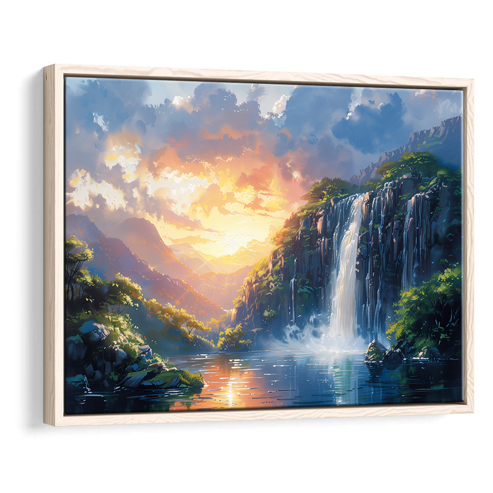 Painting Sunrise Waterfall In The Forest, Floating Frame, Framed Canvas Print Wall Art Home Decor