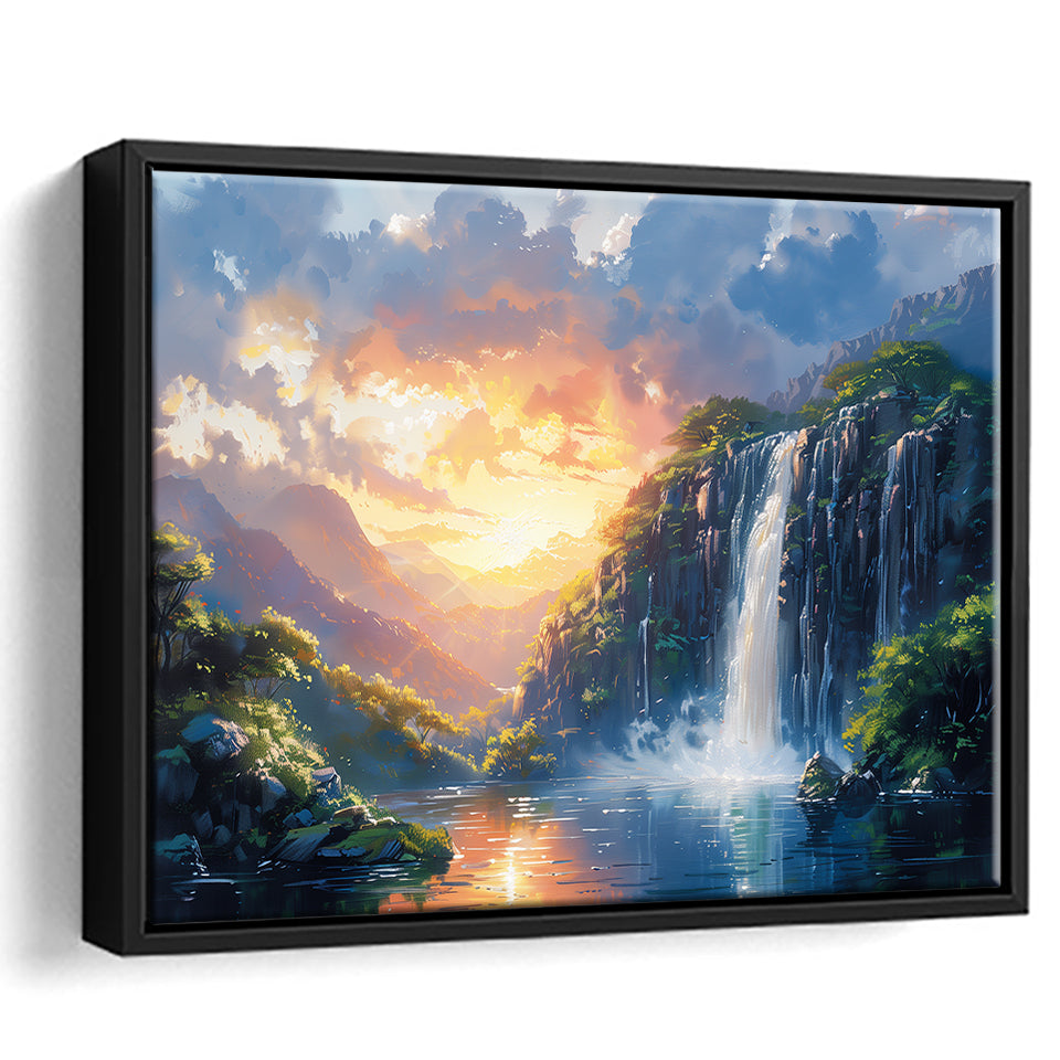 Painting Sunrise Waterfall In The Forest, Floating Frame, Framed Canvas Print Wall Art Home Decor