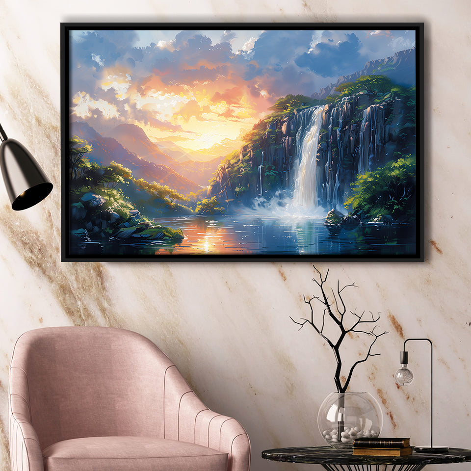 Painting Sunrise Waterfall In The Forest, Floating Frame, Framed Canvas Print Wall Art Home Decor