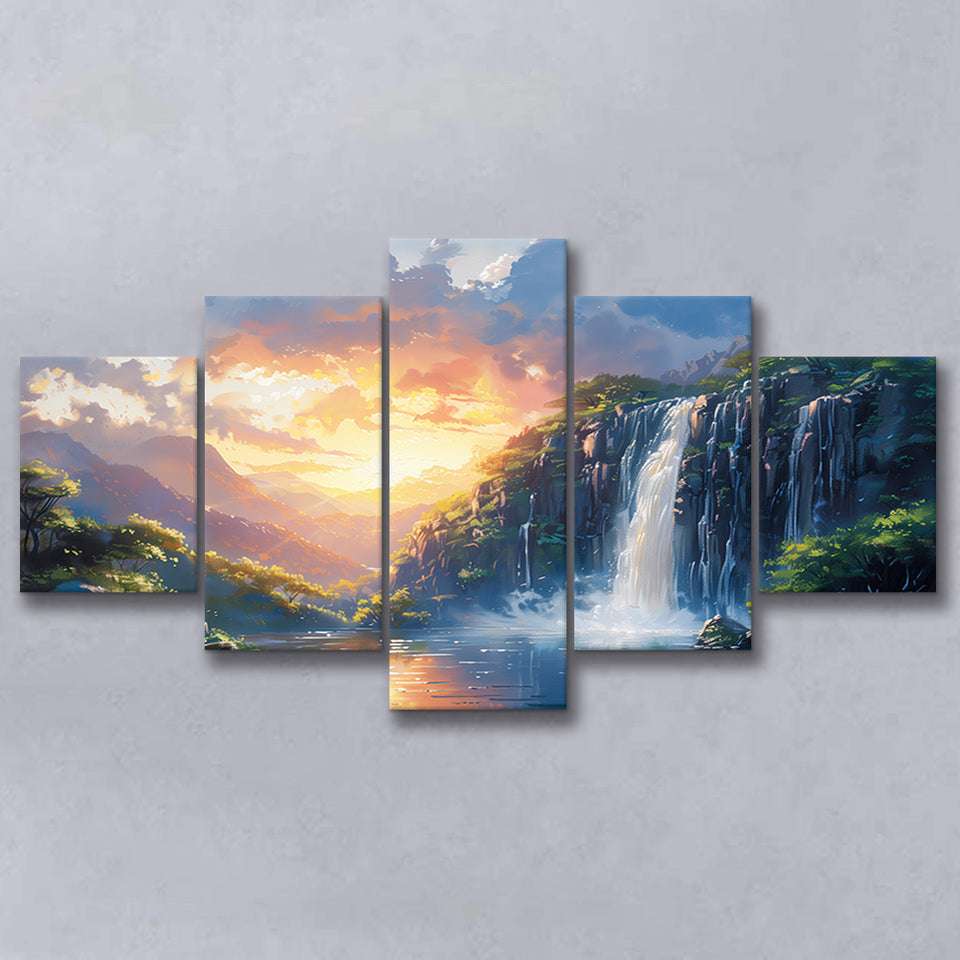 Painting Sunrise Waterfall In The Forest, Multi Panel,Mixed Canvas Print Wall Art Decor