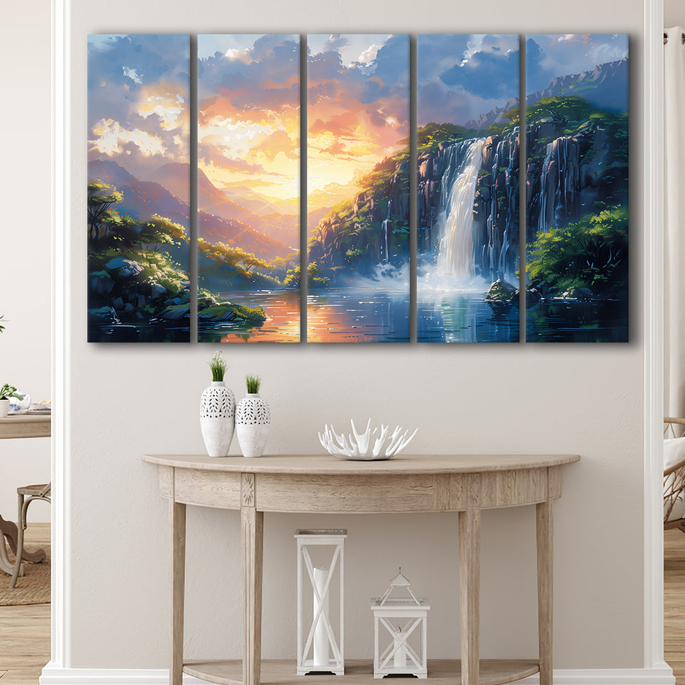 Painting Sunrise Waterfall In The Forest, Extra Large Canvas, Canvas Print Wall Art Decor