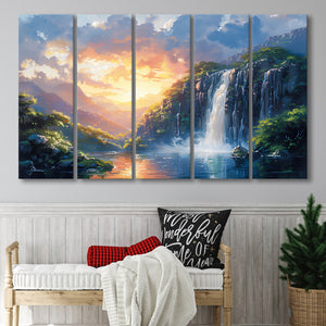 Painting Sunrise Waterfall In The Forest, Extra Large Canvas, Canvas Print Wall Art Decor
