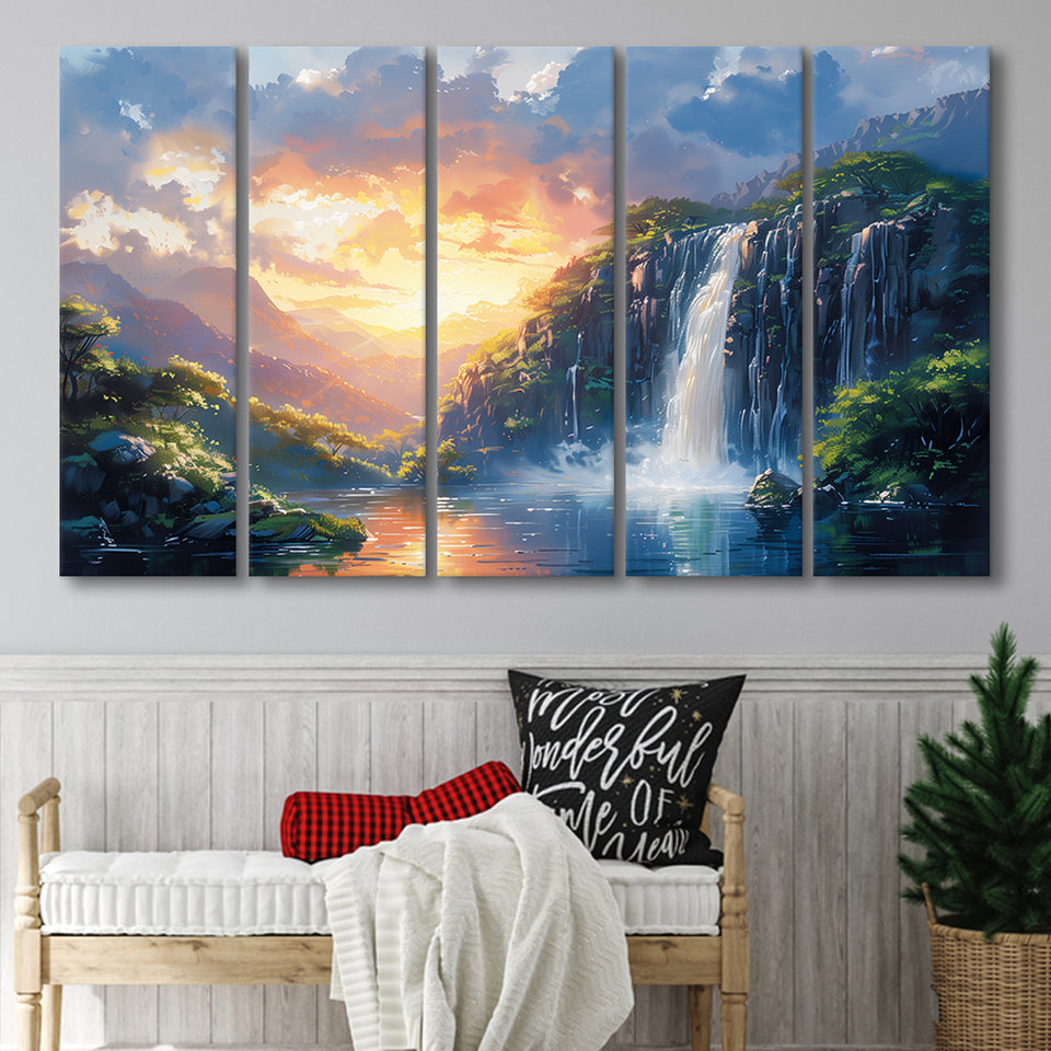 Painting Sunrise Waterfall In The Forest, Extra Large Canvas, Canvas Print Wall Art Decor