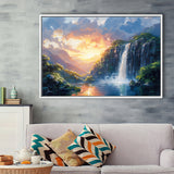 Painting Sunrise Waterfall In The Forest, Floating Frame, Framed Canvas Print Wall Art Home Decor