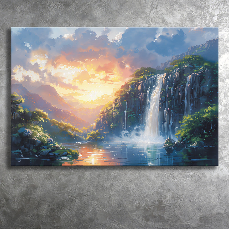 Painting Sunrise Waterfall In The Forest, Art Print, Canvas Print Wall Art Home Decor
