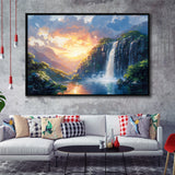 Painting Sunrise Waterfall In The Forest, Floating Frame, Framed Canvas Print Wall Art Home Decor