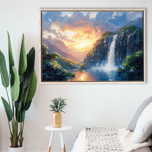 Painting Sunrise Waterfall In The Forest, Floating Frame, Framed Canvas Print Wall Art Home Decor