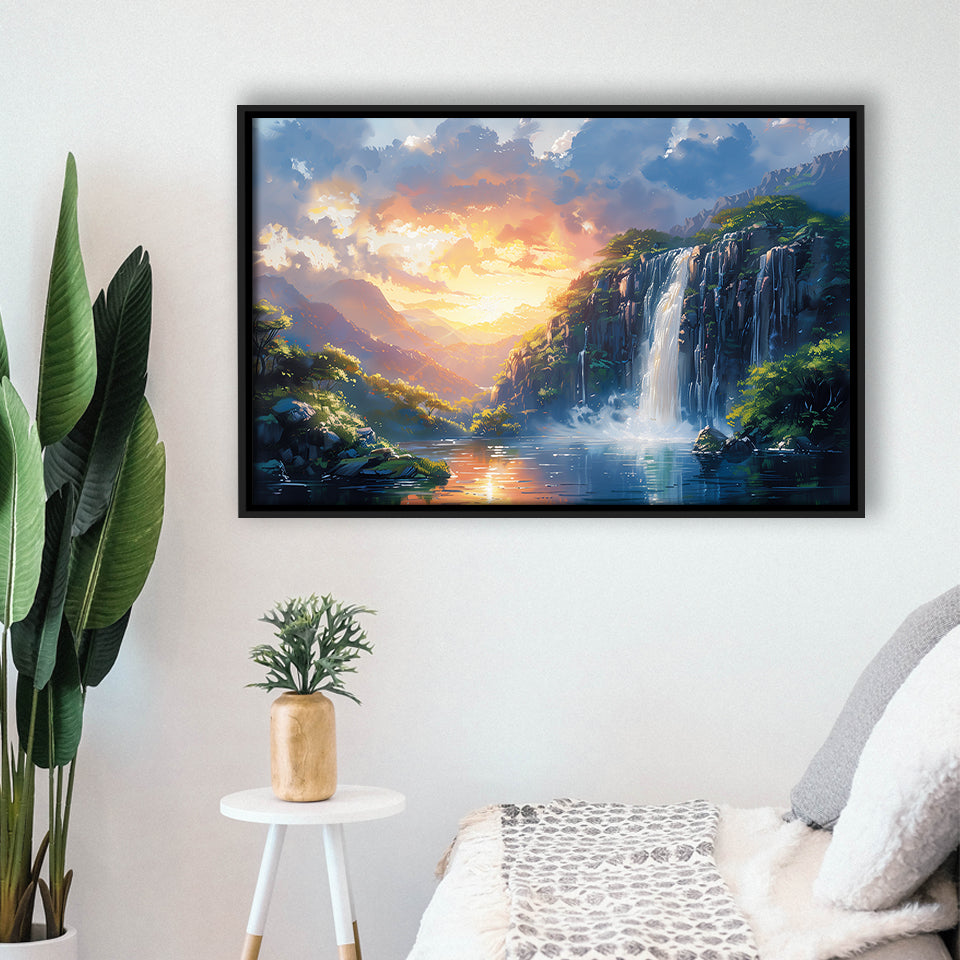 Painting Sunrise Waterfall In The Forest, Floating Frame, Framed Canvas Print Wall Art Home Decor