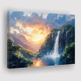 Painting Sunrise Waterfall In The Forest, Art Print, Canvas Print Wall Art Home Decor