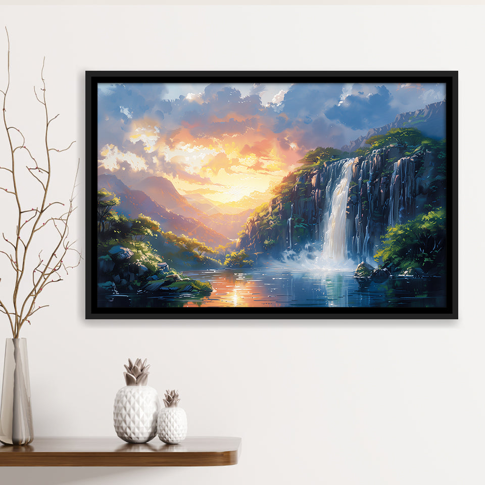 Painting Sunrise Waterfall In The Forest, Floating Frame, Framed Canvas Print Wall Art Home Decor