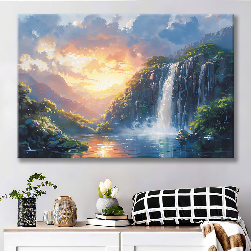 Painting Sunrise Waterfall In The Forest, Art Print, Canvas Print Wall Art Home Decor
