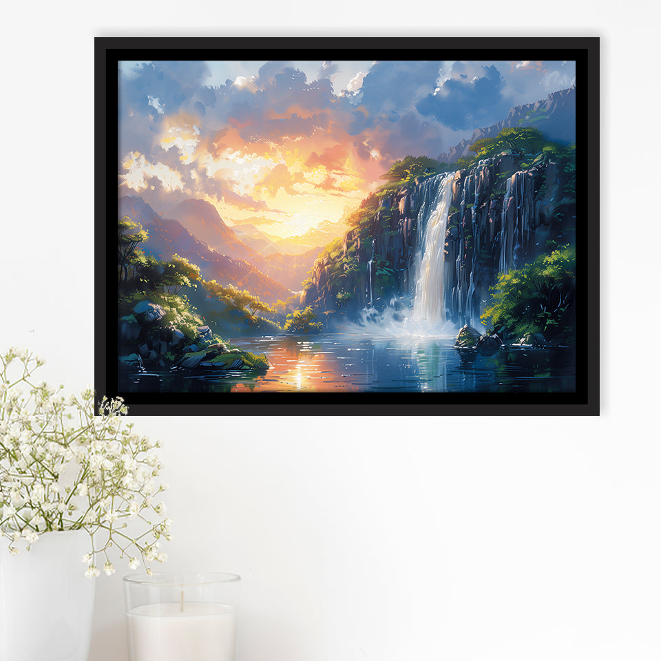 Painting Sunrise Waterfall In The Forest, Floating Frame, Framed Canvas Print Wall Art Home Decor