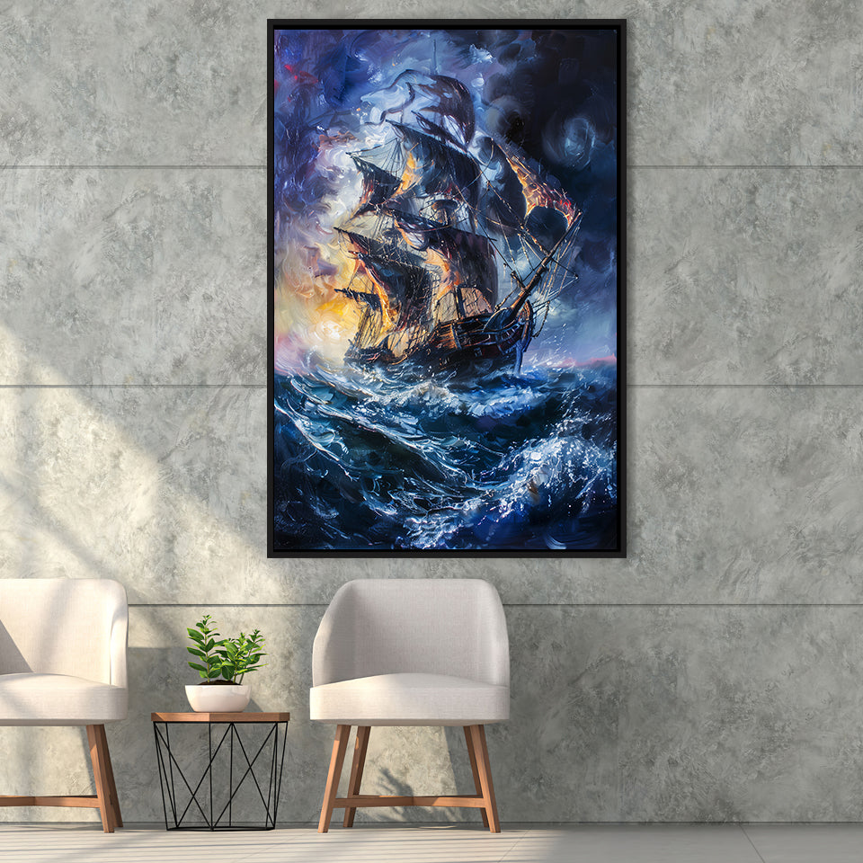 Painting The Pirate Ship Over Sea Dark Academia,Framed Canvas Prints Wall Art Decor, Floating Frame