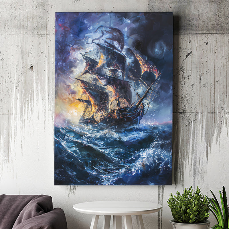 Painting The Pirate Ship Over Sea Dark Academia, Canvas Painting, Canvas Print Wall Art Decor