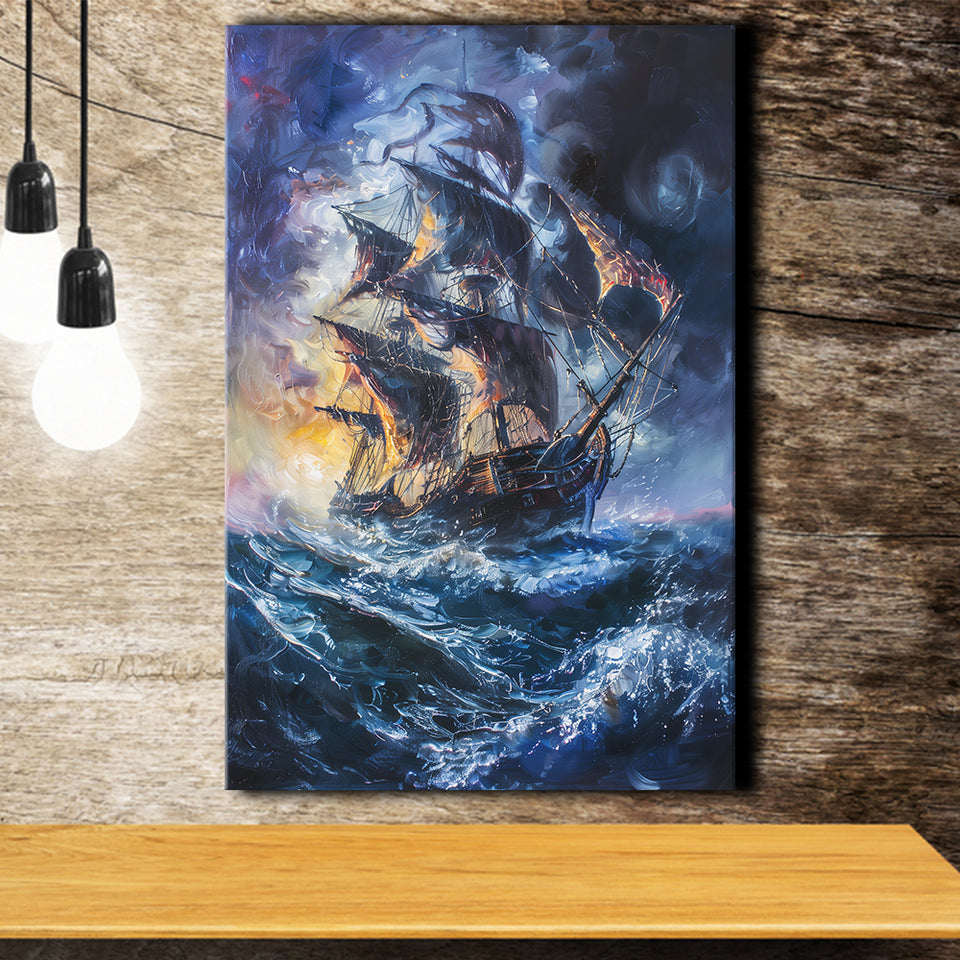 Painting The Pirate Ship Over Sea Dark Academia, Canvas Painting, Canvas Print Wall Art Decor
