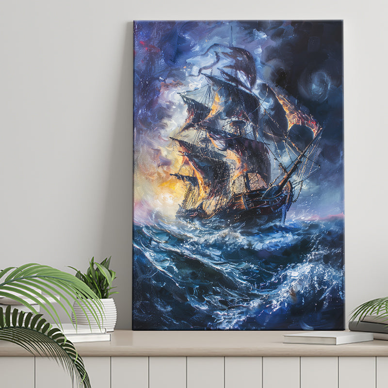 Painting The Pirate Ship Over Sea Dark Academia, Canvas Painting, Canvas Print Wall Art Decor