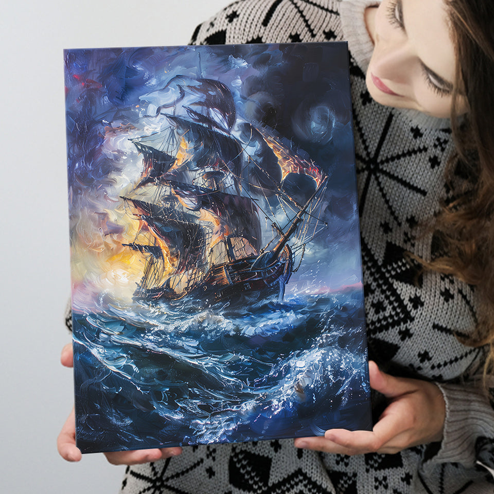Painting The Pirate Ship Over Sea Dark Academia, Canvas Painting, Canvas Print Wall Art Decor