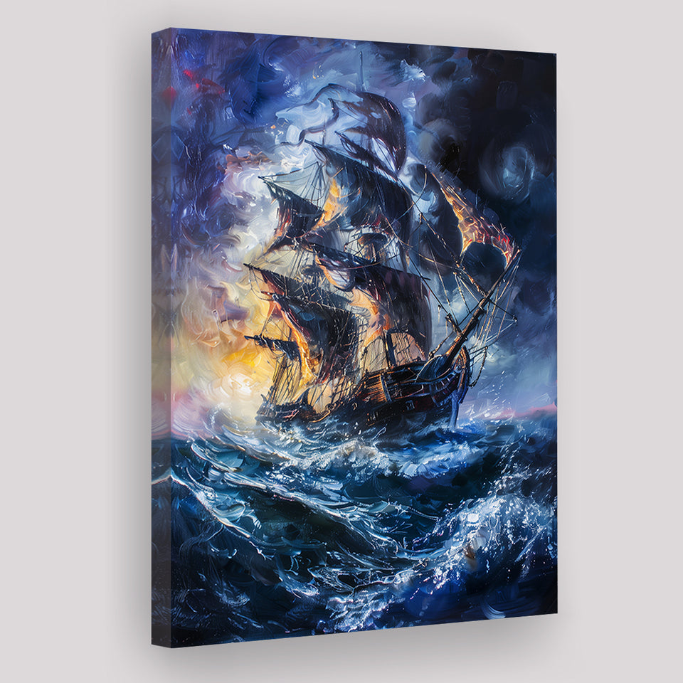 Painting The Pirate Ship Over Sea Dark Academia, Canvas Painting, Canvas Print Wall Art Decor