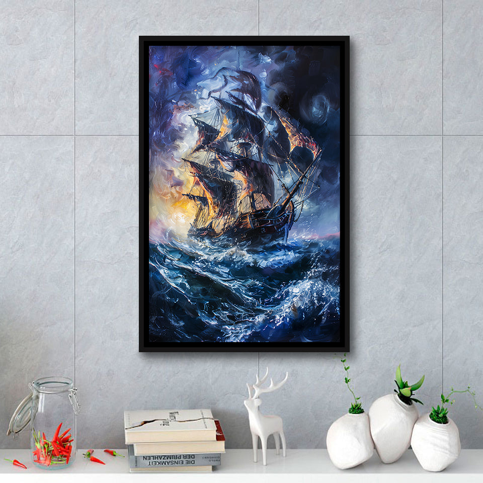 Painting The Pirate Ship Over Sea Dark Academia,Framed Canvas Prints Wall Art Decor, Floating Frame