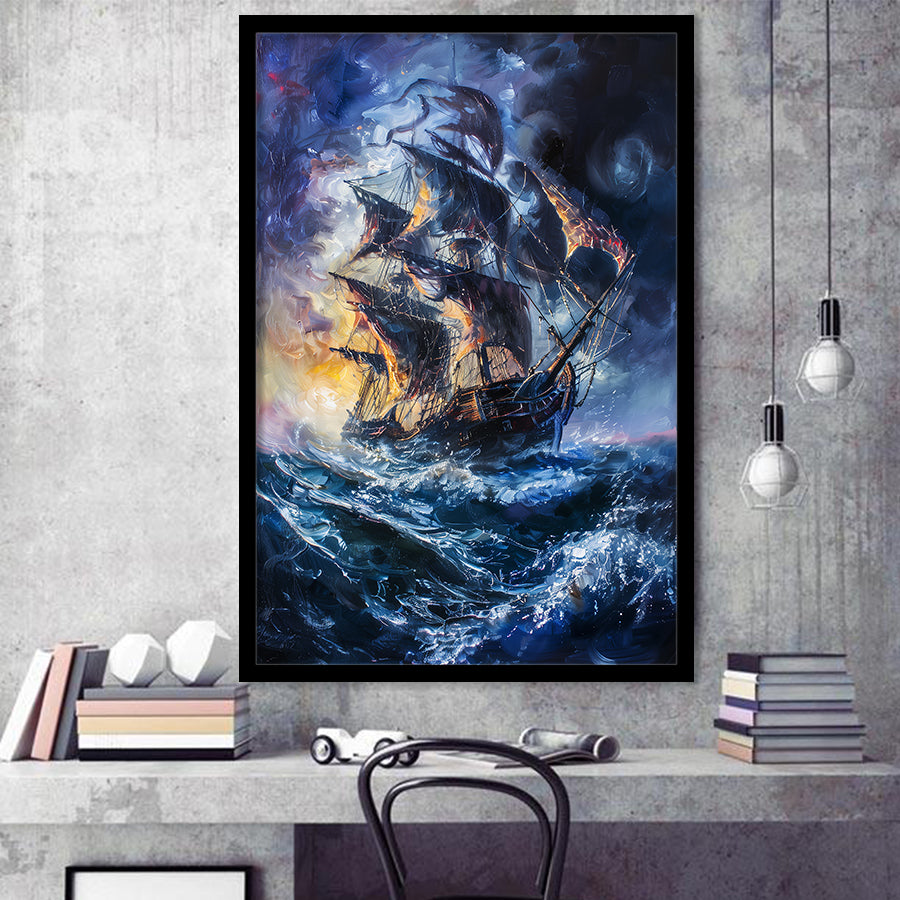 Painting The Pirate Ship Over Sea Dark Academia,Framed Art Prints Wall Decor, Picture Framed