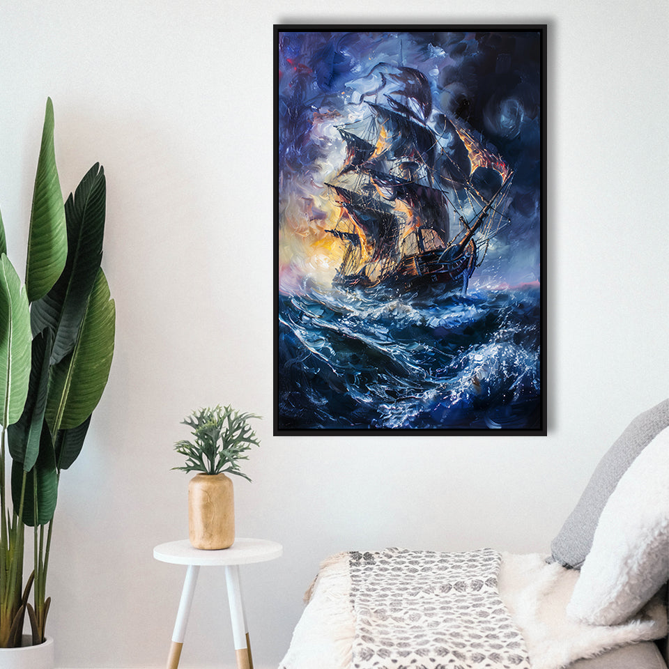 Painting The Pirate Ship Over Sea Dark Academia,Framed Canvas Prints Wall Art Decor, Floating Frame