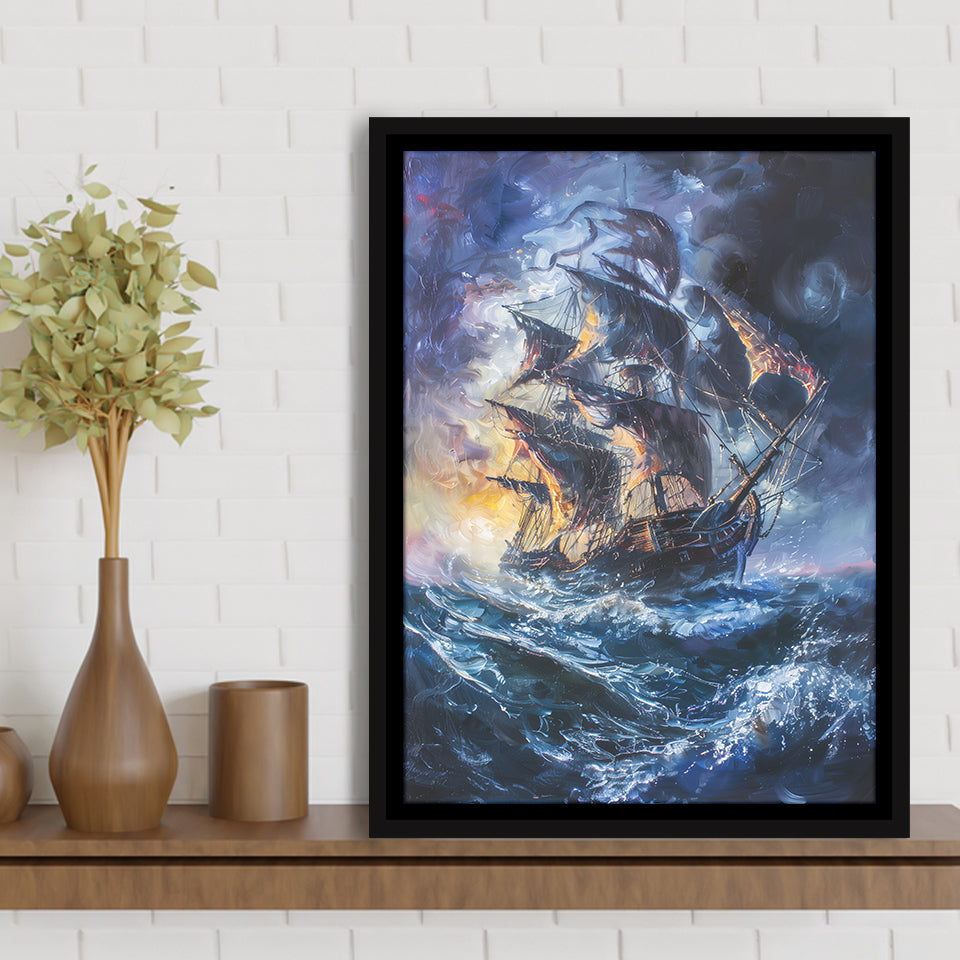 Painting The Pirate Ship Over Sea Dark Academia,Framed Canvas Prints Wall Art Decor, Floating Frame