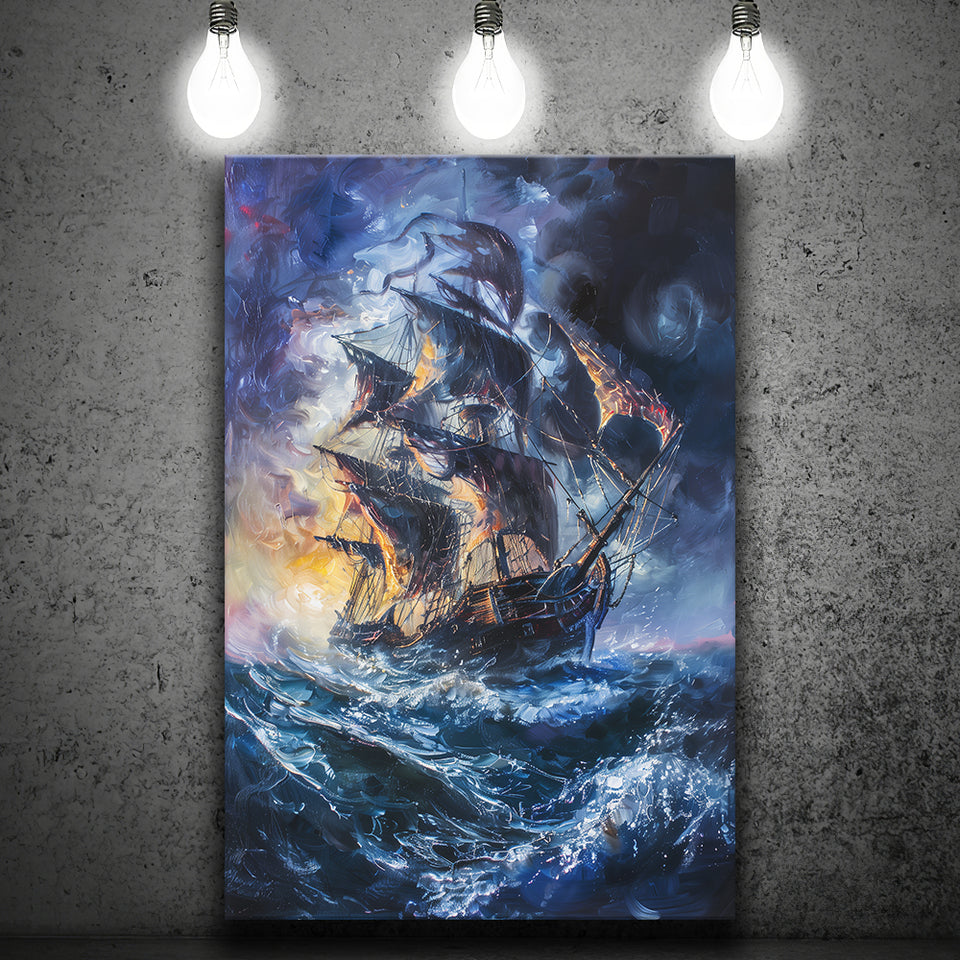 Painting The Pirate Ship Over Sea Dark Academia, Canvas Painting, Canvas Print Wall Art Decor
