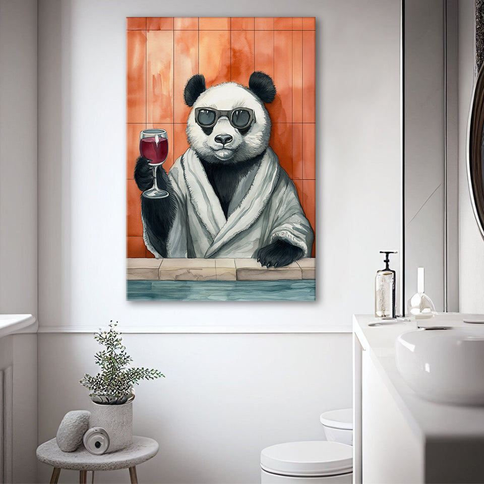 Panda Holding The Cup Of Red Wine Funny Animal Art Canvas Prints Wall Art, Bathroom Art Decor,