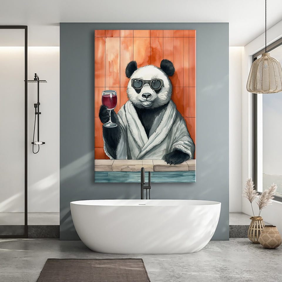 Panda Holding The Cup Of Red Wine Funny Animal Art Canvas Prints Wall Art, Bathroom Art Decor,