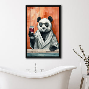 Panda Holding The Cup Of Red Wine Funny Animal Art Framed Canvas Prints Wall Art, Bathroom Framed Art Decor