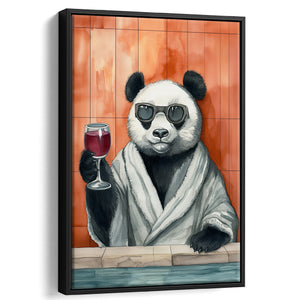 Panda Holding The Cup Of Red Wine Funny Animal Art Framed Canvas Prints Wall Art, Bathroom Framed Art Decor
