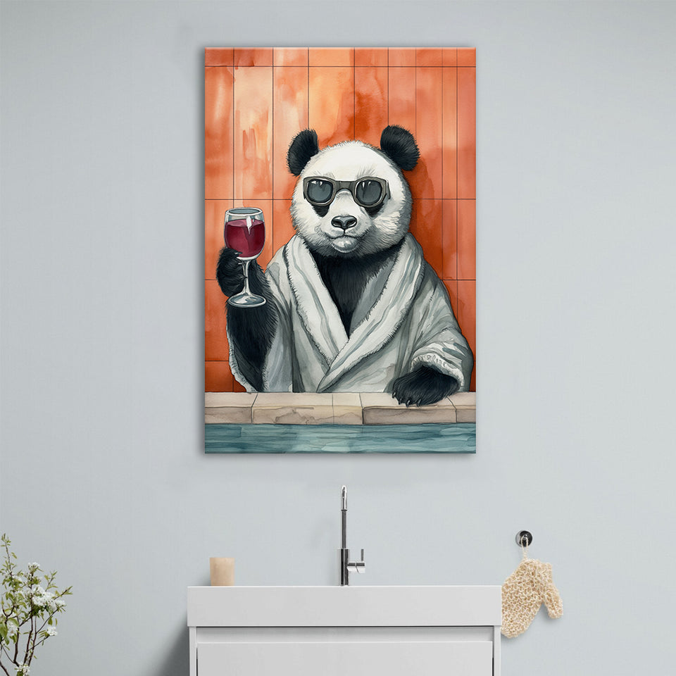 Panda Holding The Cup Of Red Wine Funny Animal Art Canvas Prints Wall Art, Bathroom Art Decor,