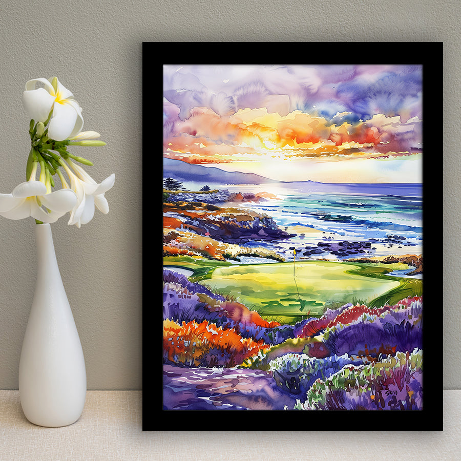 Pebble Beach Golf Course Hole 7 in Sunrise Painting, Golf Art, Gift for him, Framed Art Print Wall Decor
