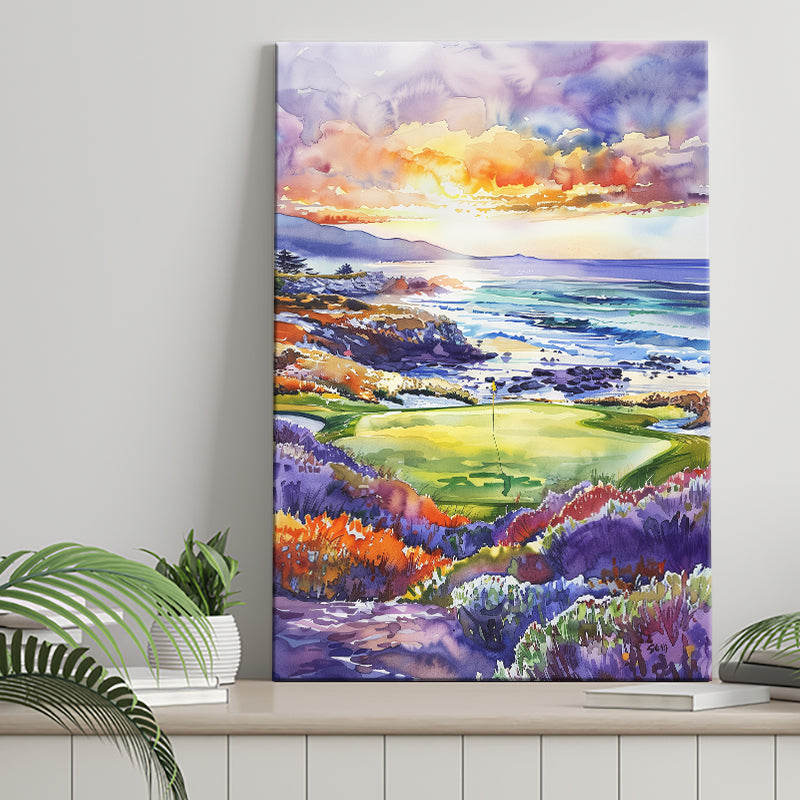 Pebble Beach Golf Course Hole 7 in Sunrise Painting, Golf Art Print, Gift for him, Canvas Print Wall Art