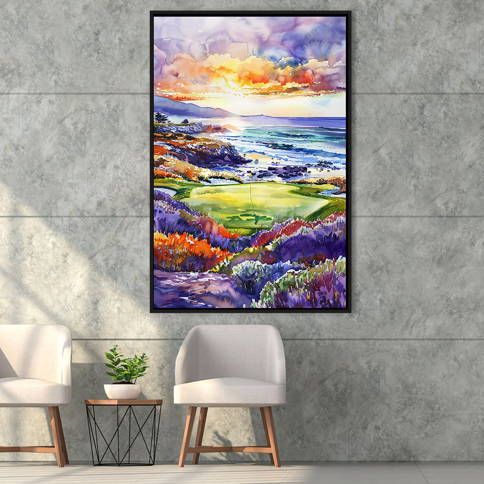 Pebble Beach Golf Course Hole 7 in Sunrise Painting, Golf Art Print, Floating Frame, Framed Canvas Print Wall Art
