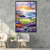 Pebble Beach Golf Course Hole 7 in Sunrise Painting, Golf Art Print, Floating Frame, Framed Canvas Print Wall Art