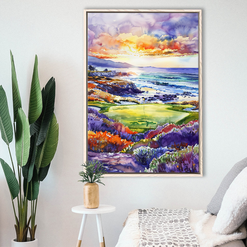 Pebble Beach Golf Course Hole 7 in Sunrise Painting, Golf Art Print, Floating Frame, Framed Canvas Print Wall Art