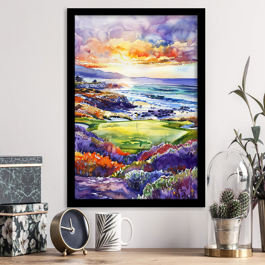 Pebble Beach Golf Course Hole 7 in Sunrise Painting, Golf Art, Gift for him, Framed Art Print Wall Decor