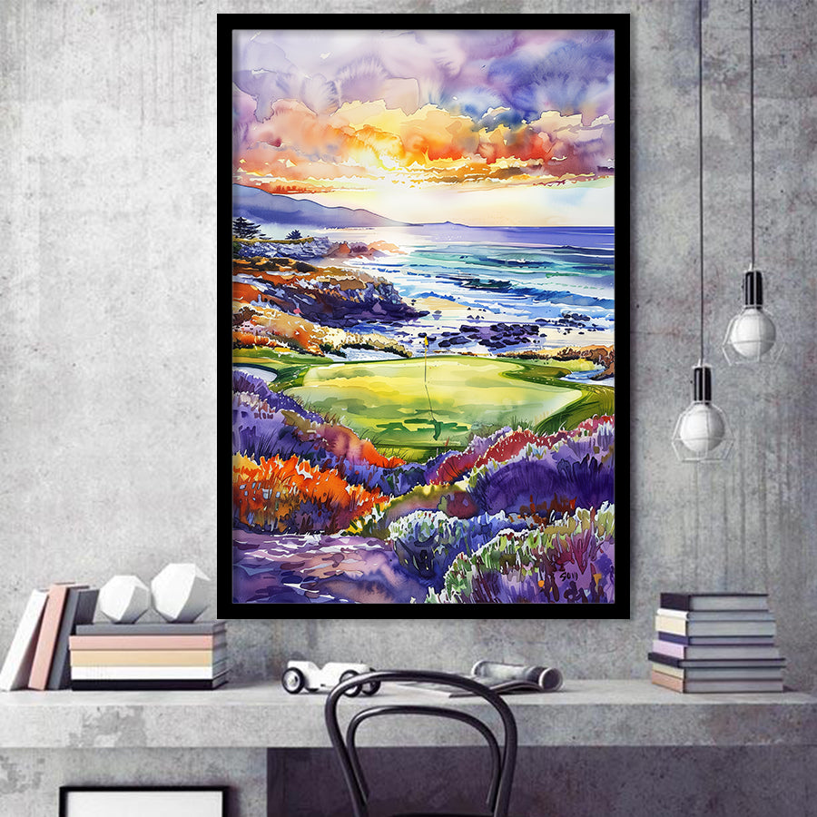 Pebble Beach Golf Course Hole 7 in Sunrise Painting, Golf Art, Gift for him, Framed Art Print Wall Decor