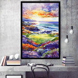 Pebble Beach Golf Course Hole 7 in Sunrise Painting, Golf Art, Gift for him, Framed Art Print Wall Decor
