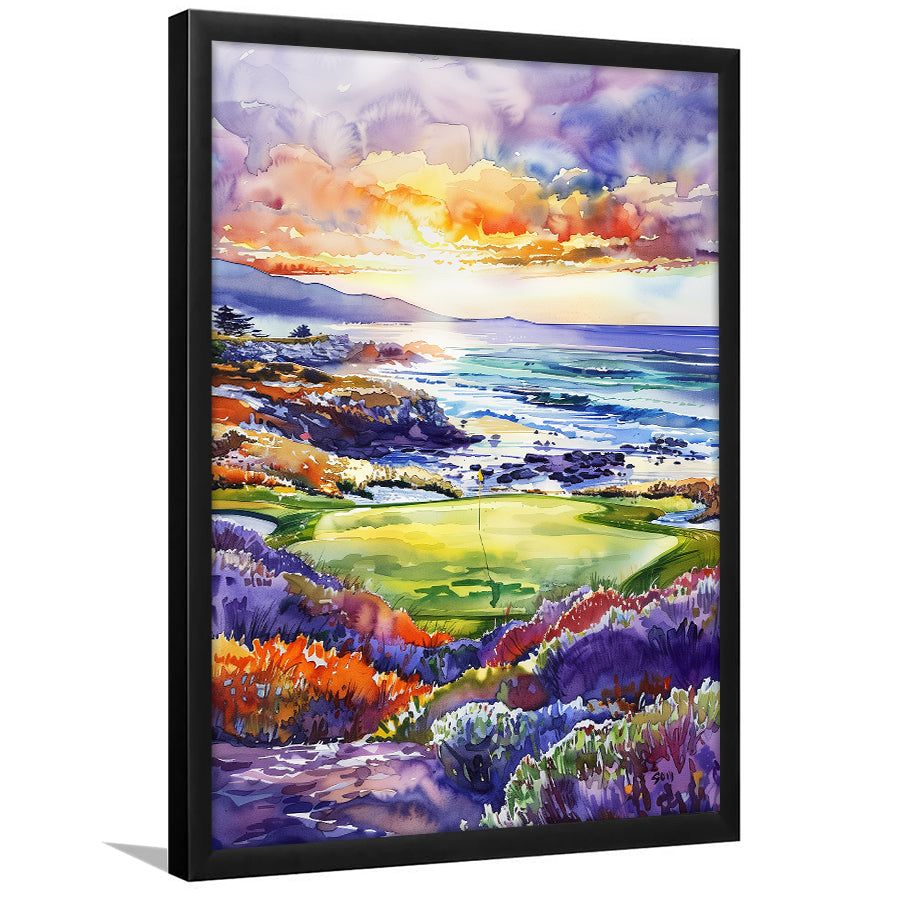 Pebble Beach Golf Course Hole 7 in Sunrise Painting, Golf Art, Gift for him, Framed Art Print Wall Decor