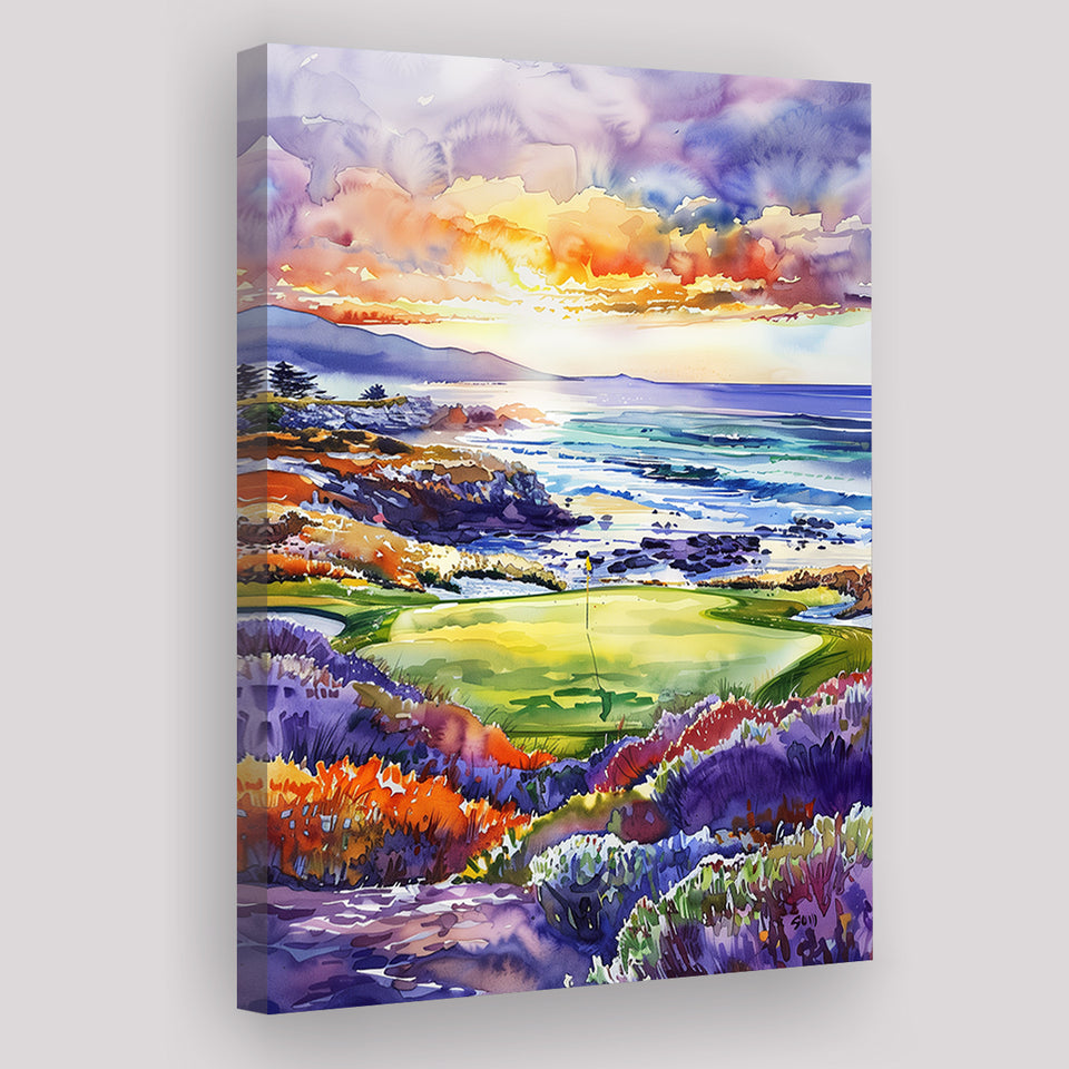 Pebble Beach Golf Course Hole 7 in Sunrise Painting, Golf Art Print, Gift for him, Canvas Print Wall Art
