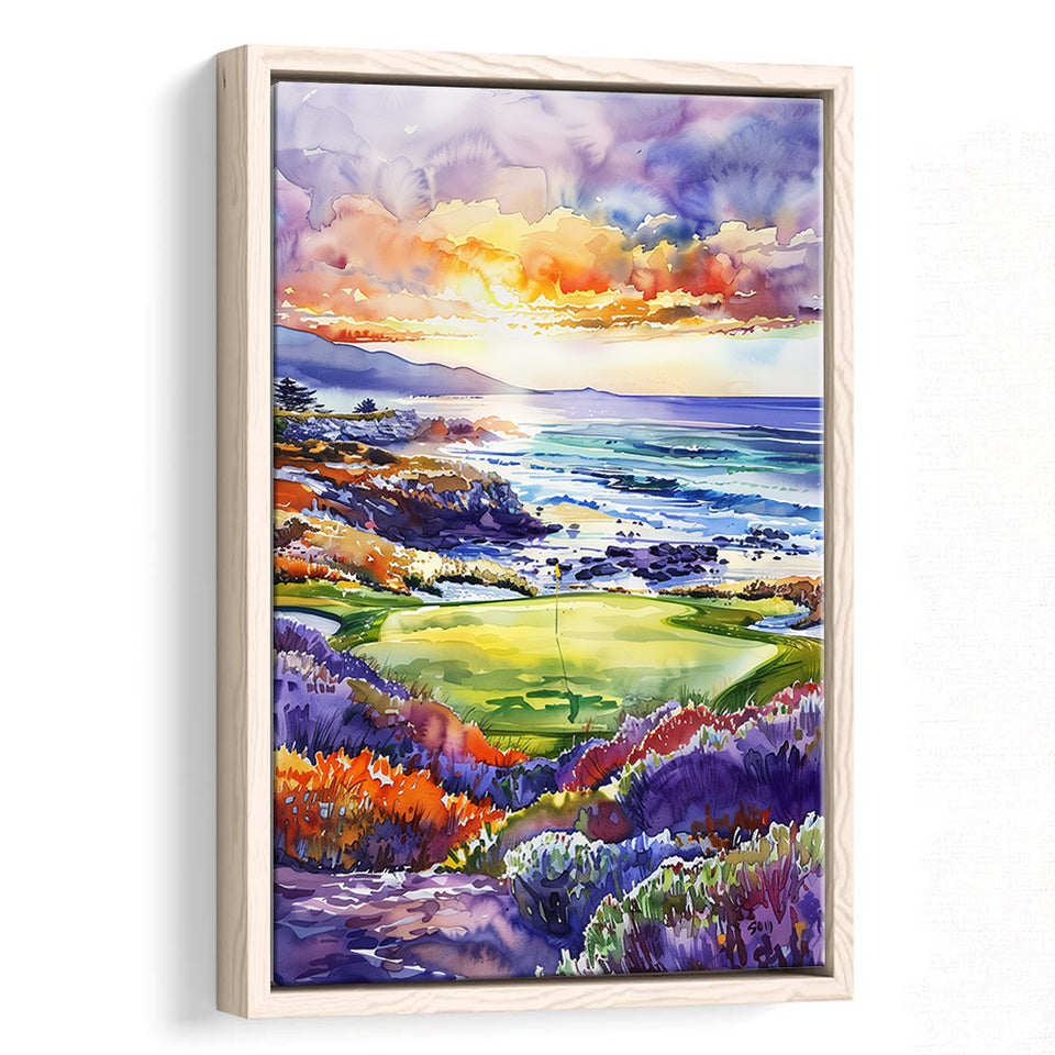 Pebble Beach Golf Course Hole 7 in Sunrise Painting, Golf Art Print, Floating Frame, Framed Canvas Print Wall Art