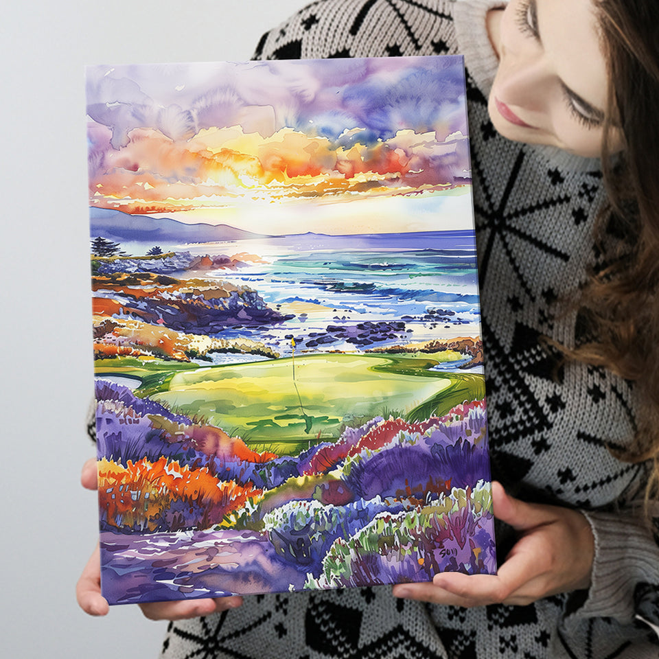 Pebble Beach Golf Course Hole 7 in Sunrise Painting, Golf Art Print, Gift for him, Canvas Print Wall Art