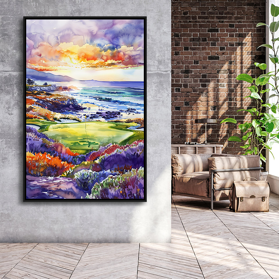 Pebble Beach Golf Course Hole 7 in Sunrise Painting, Golf Art Print, Floating Frame, Framed Canvas Print Wall Art