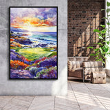 Pebble Beach Golf Course Hole 7 in Sunrise Painting, Golf Art Print, Floating Frame, Framed Canvas Print Wall Art